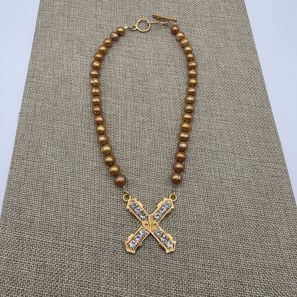 Gold and Bronze Beaded Necklace with Cross Pendant - Picture 3 of 5